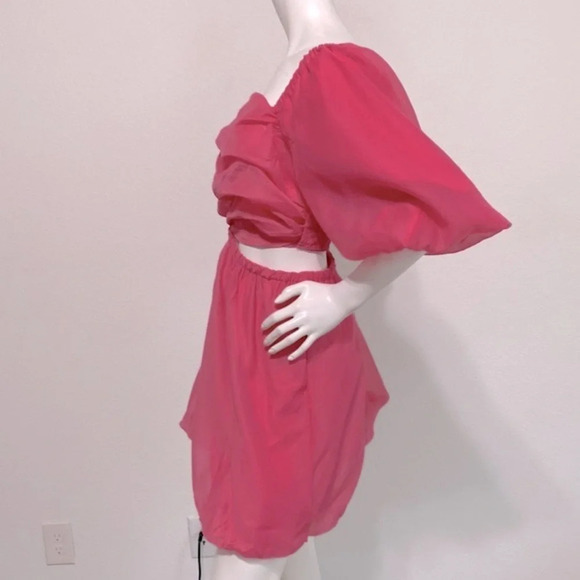 A New Day Pink Short Puff Sleeve Side Pockets Cut Out Smocked Mini Dress Sz XL - Picture 7 of 8